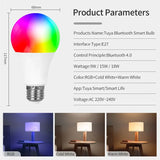 Tuya Smart Bluetooth LED Light Bulbs Smart Life APP E27 220V 9W 15W 18W BT Lamp RF 2.4GHz Remote Group Control for Bedroom Decor